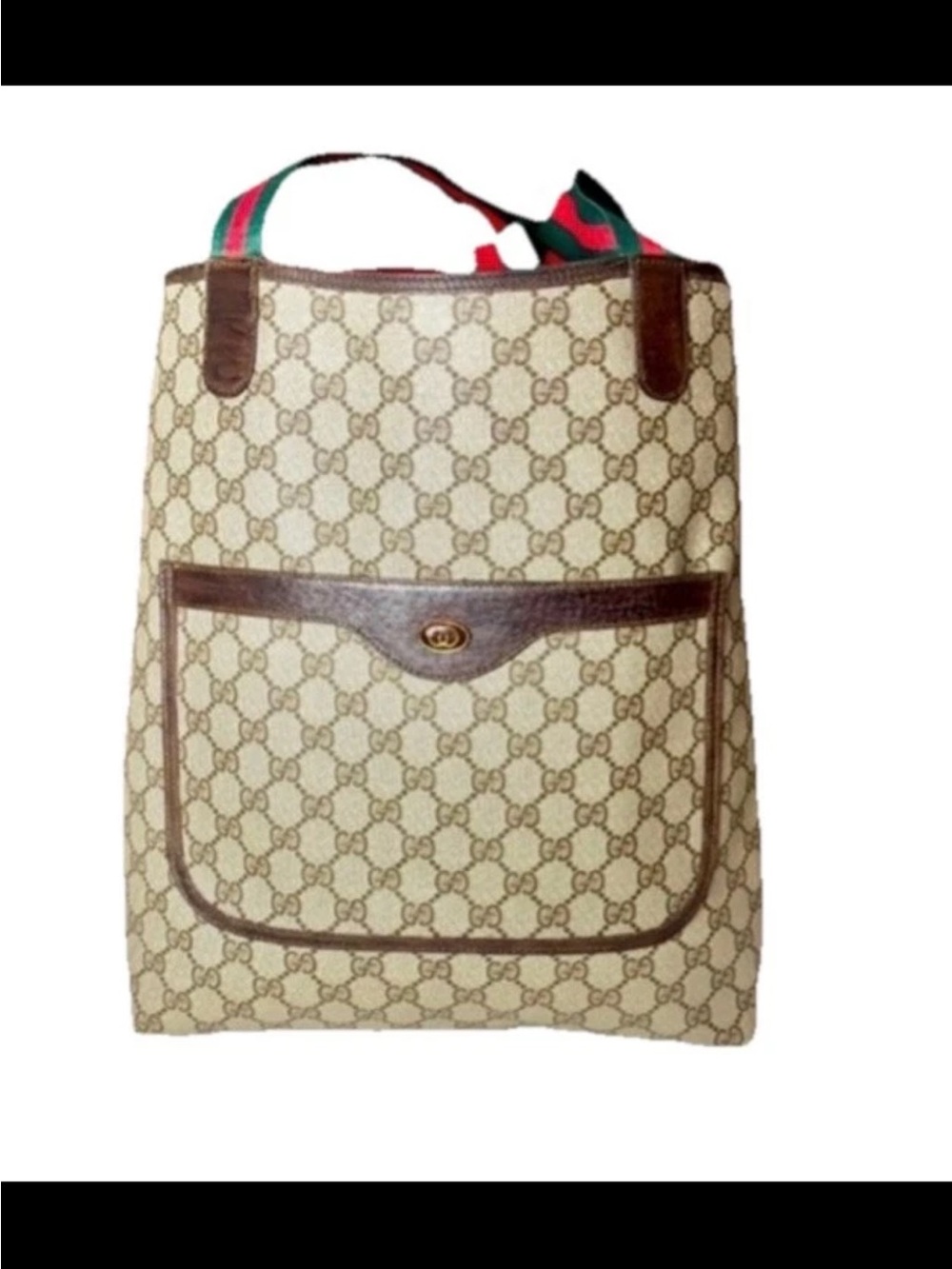 Gucci Beige GG Canvas Tote with Brown Leather Trim and Green-Red Web Strap